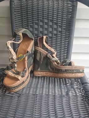 naughty monkey Camouflage Green Rope Wedge Sandals